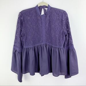 Sun & Shadow Purple Lace Inset Peplum Top Bell Sleeves M‎